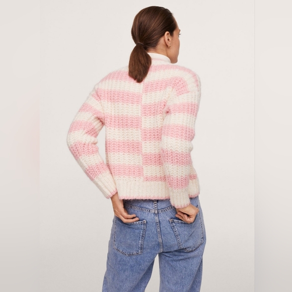 Mango Sweater Pink/white stripes Chunky Cable Size Large Soft Warm Women - Picture 3 of 10